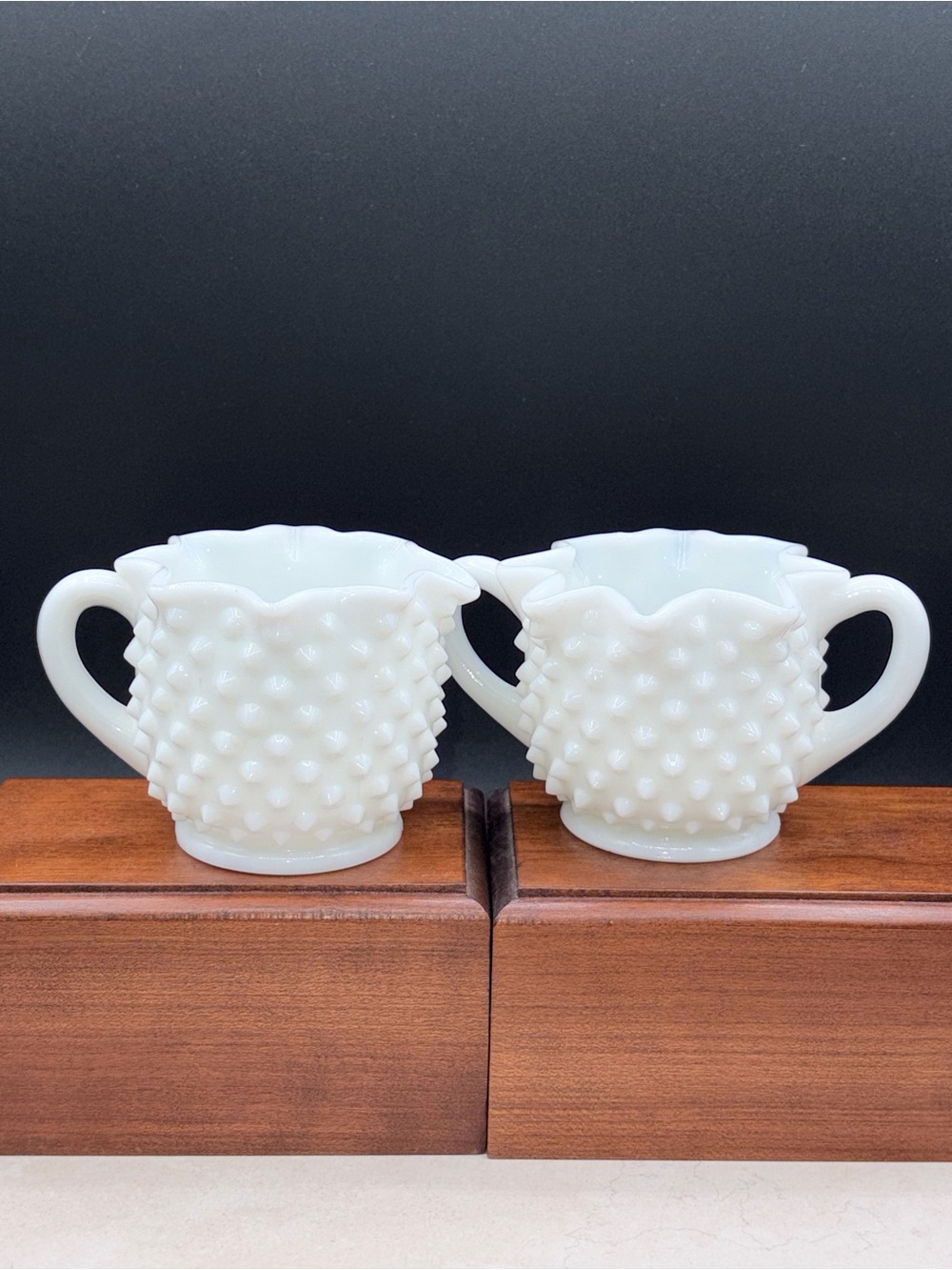 Vintage Fenton Crimped Edge Hobnail Milk Glass Cream and Sugar Set 3"
